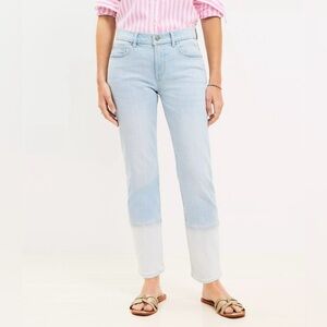 LOFT Curvy Girlfriend Jeans in Patched Light Indigo Wash